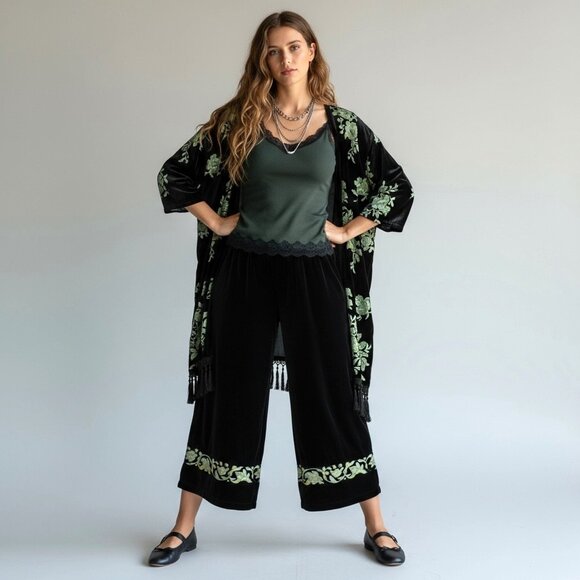 Citron Santa Monica Velvet Wide Leg Crop Culottes Pants SZ M Whimsigoth Boho - Picture 1 of 12